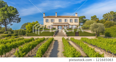White villa building with green vineyard at the front. Family house for generations. Blue sunny sky big villa European style Italy countryside nature landscape photo 121685063