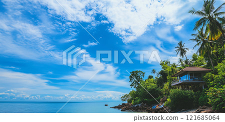 A small house rests on a cliff overlooking ocean. Palm trees bank seashore. Travel vacation holiday inn seascape beautiful view 121685064
