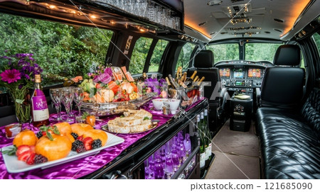 Luxurious interior of a limousine showcasing a lavish spread of food and drinks for a festive celebration Luxurious interior of a limousine showcasing a lavish spread of food and drinks for a festive celebration 121685090
