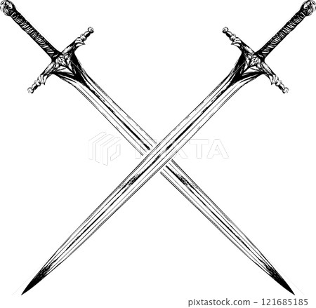 Hand-drawn illustration of fantasy sword and cross Hand-drawn illustration of fantasy sword and cross 121685185