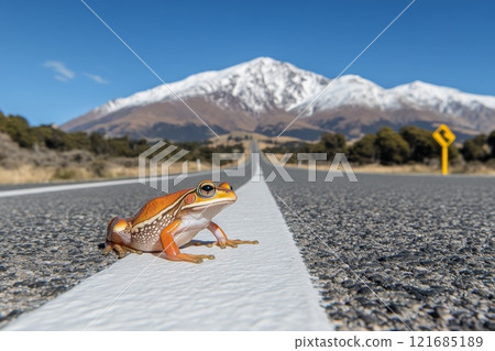 Brightly colored frog sitting on a road with snowy mountains and blue skies in the background Brightly colored frog sitting on a road with snowy mountains and blue skies in the background 121685189