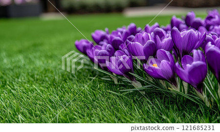 Vibrant purple crocuses blooming in lush green grass during early spring in a garden setting 121685231
