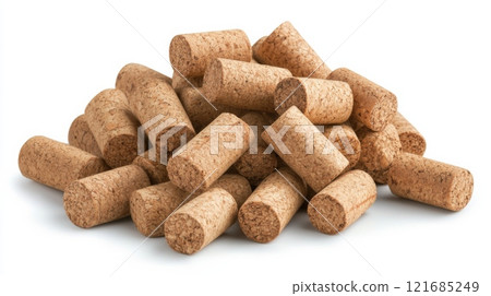 Cork stoppers piled together showcasing their natural texture and cylindrical shape in a bright setting 121685249