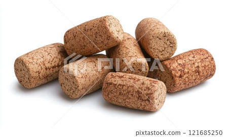 Natural wine corks stacked on a white surface highlighting their unique textures and colors Natural wine corks stacked on a white surface highlighting their unique textures and colors 121685250