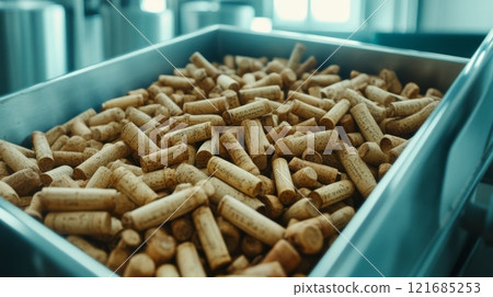Collection of corks stored in a metal tray at a winery during the afternoon 121685253