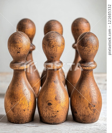 Collection of six vintage wooden figurines arranged closely on a rustic wooden table 121685332
