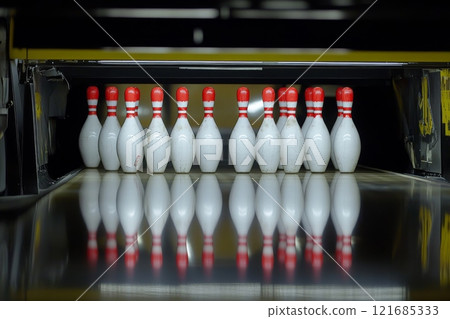 Bowling lane with neatly arranged pins reflecting in the polished surface at a bowling alley during evening hours 121685333