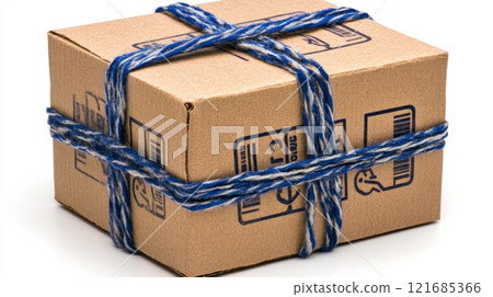 Brown cardboard box tied with blue string, ready for shipping in a home setting Brown cardboard box tied with blue string, ready for shipping in a home setting 121685366