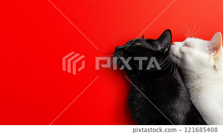 Black and white cats cuddling together against a bright red background in a cozy setting 121685408