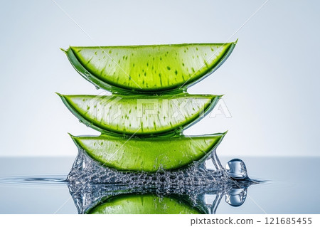 Fresh green aloe vera leaves stacked with water droplets reflecting light in an artistic display Fresh green aloe vera leaves stacked with water droplets reflecting light in an artistic display 121685455