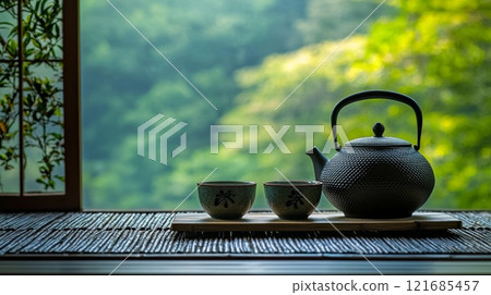 Tea ceremony setup with a kettle and cups surrounded by lush greenery in a tranquil setting Tea ceremony setup with a kettle and cups surrounded by lush greenery in a tranquil setting 121685457