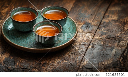 Warm cups of tea on a rustic wooden table create a cozy atmosphere in a serene setting Warm cups of tea on a rustic wooden table create a cozy atmosphere in a serene setting 121685501