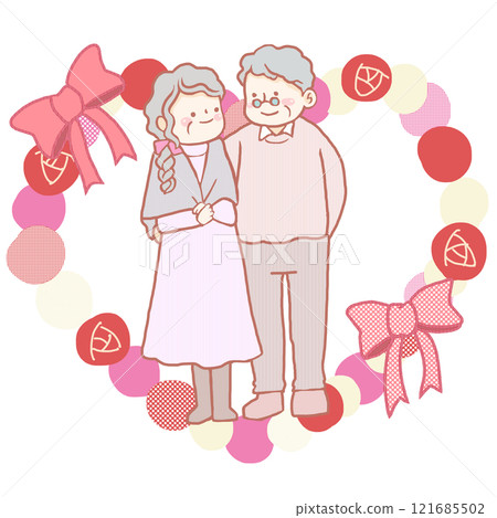 與年長夫婦和玫瑰和絲帶的心形背景 與年長夫婦和玫瑰和絲帶的心形背景 121685502