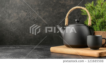Black teapot and cup on wooden board with pine branches in a cozy indoor setting Black teapot and cup on wooden board with pine branches in a cozy indoor setting 121685508