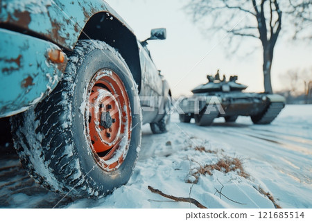Weathered car tire in snow with military tank in the background during winter day Weathered car tire in snow with military tank in the background during winter day 121685514