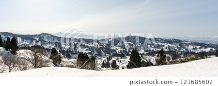 Panoramic shot of the Yamakoshi region in early spring when snow still remains Panoramic shot of the Yamakoshi region in early spring when snow still remains 121685602