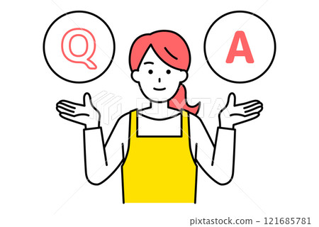 A woman in an apron accepting Q&A 121685781