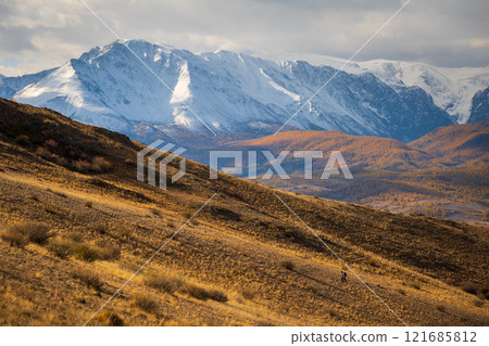 Scenic autumn mountain landscape with snowy peaks and grassy hills 121685812