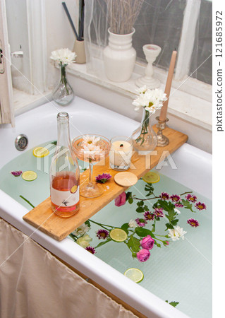 Elegant bathroom with stylish interior design, modern bath 121685972