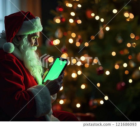 Concentrated santa using smartphone at christmas 121686093