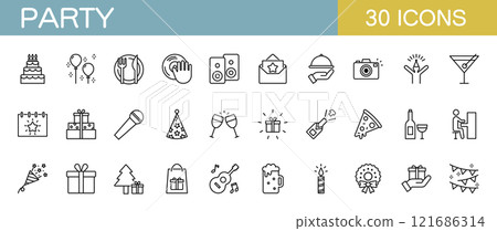 與生日派對、慶祝活動和聖誕派對相關的圖標集 121686314