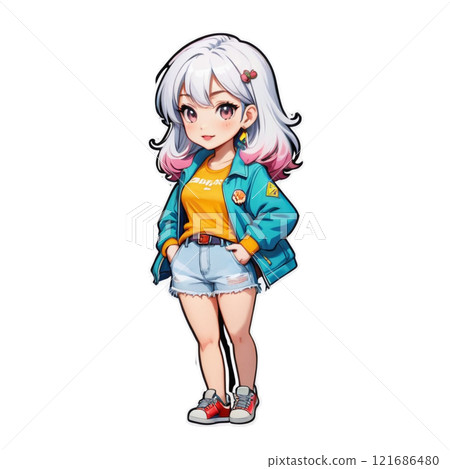 一個微笑的可愛女孩的插圖 121686480