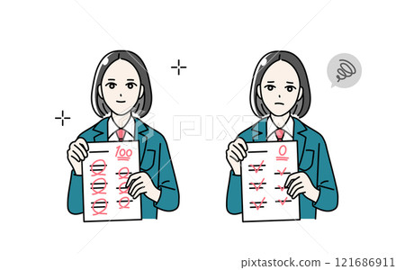 Illustration of a female student wearing a school uniform holding a test answer sheet 121686911