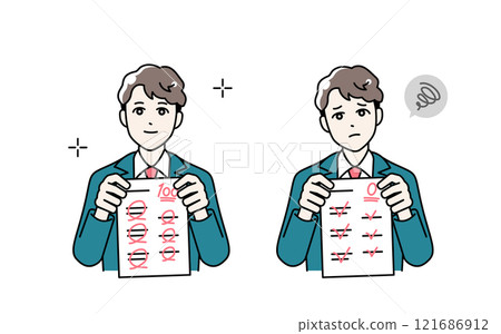 Illustration of a male student wearing a school uniform holding a test answer sheet 121686912