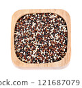raw mix quinoa (white quinoa,black quinoa,red quinoa) on wooden bowl isolated over white background 121687079