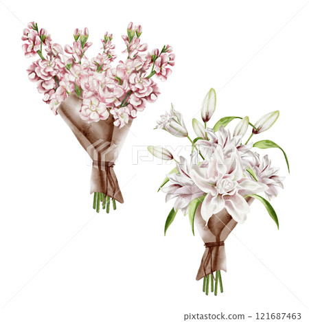 Spring bouquets for holidays and cards. Flowers are wrapped in paper. White pink lilies are collected in a bouquet. Watercolor illustration without background. Spring set.  121687463