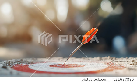 Red arrow is sticking out of a red target. The Business target strategy concept. 121687889