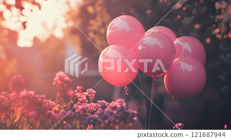 Pink balloons are in a field of flowers Pink balloons are in a field of flowers 121687944