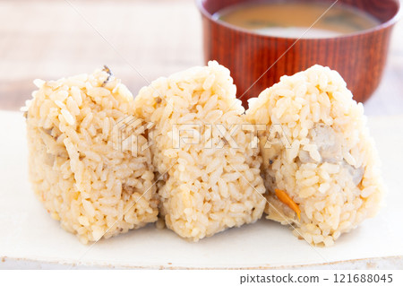 Delicious chicken rice balls and miso soup Delicious chicken rice balls and miso soup 121688045