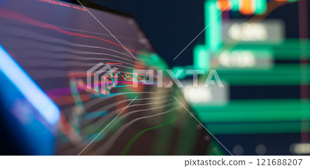 Digital Trading Interface with Candlestick Chart and Data Overlay Highlighting Stock Market Trends 121688207