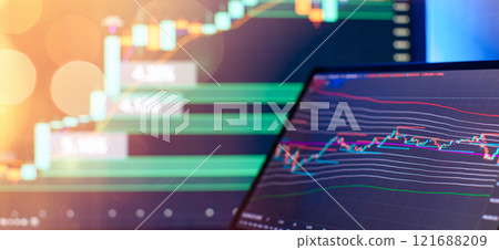 Digital Trading Interface with Candlestick Chart and Data Overlay Highlighting Stock Market Trends 121688209