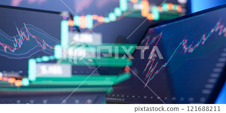 Digital Trading Interface with Candlestick Chart and Data Overlay Highlighting Stock Market Trends 121688211