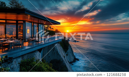 A coastal hotel restaurant at sunset 121688238