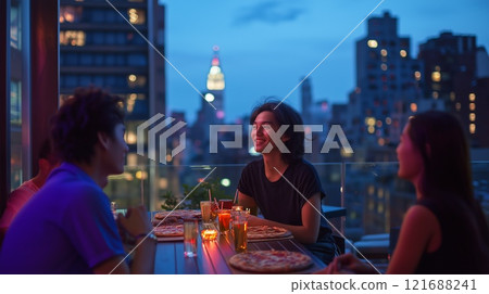 一群年輕男女一邊看夜景一邊吃披薩 121688241