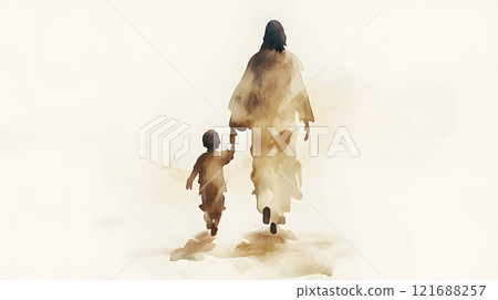 Watercolor painting of Jesus walking hand in hand with a child in a serene and minimalistic setting. 121688257