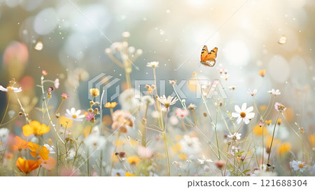 Butterfly is flying in a field of flowers 121688304