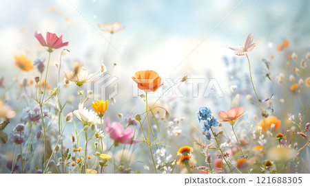 Butterfly is flying in a field of flowers 121688305