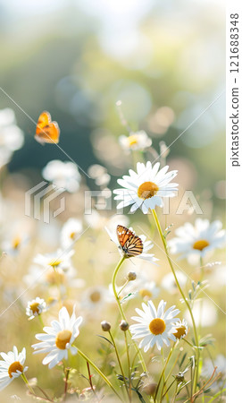 Butterfly is flying in a field of flowers Butterfly is flying in a field of flowers 121688348