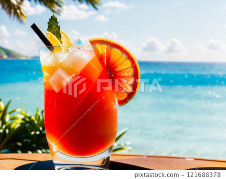 Beautiful tropical beach and drinks 121688378