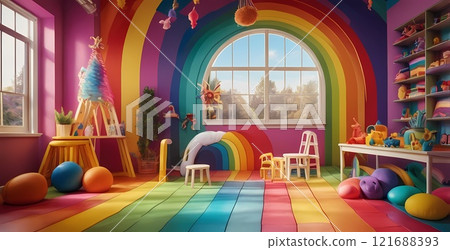 A colorful rainbow playground room serves as a vibrant backdrop for photo studio sessions, providing an engaging and playful environment for children's photography 121688393