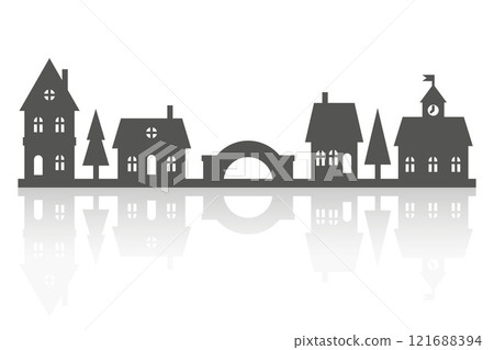 Silhouette of neighborhood houses. Small homes and buildings on skyline. Christmas town and village on white background with reflection. Row of cottages on the street with fir trees and bridge 121688394
