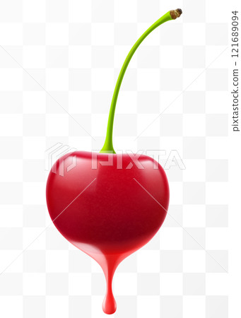 Cherry juice dripping from fresh ripe cherry berry, isolated on transparent background. Sweet cherry with fresh juice. Bright summer design. Realistic 3d vector illustration Cherry juice dripping from fresh ripe cherry berry, isolated on transparent background. Sweet cherry with fresh juice. Bright summer design. Realistic 3d vector illustration 121689094
