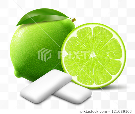 Bubble gum with an lime flavor. Pads of bubble gum spearmint for fresh breathing. Chewing gums for healthy teeth and dental hygiene. Refreshing candy. Realistic 3D vector illustration 121689103