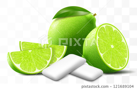 Bubble gum with an lime flavor. Pads of bubble gum spearmint for fresh breathing. Chewing gums for healthy teeth and dental hygiene. Refreshing candy. Realistic 3D vector illustration Bubble gum with an lime flavor. Pads of bubble gum spearmint for fresh breathing. Chewing gums for healthy teeth and dental hygiene. Refreshing candy. Realistic 3D vector illustration 121689104