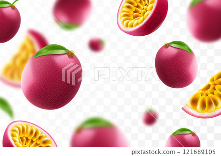 Flying ripe passion fruit. Bright advertising background falling juicy passion fruit, realistic illustration with blurred effect. 3d vector design for advertising banners and web page design 121689105
