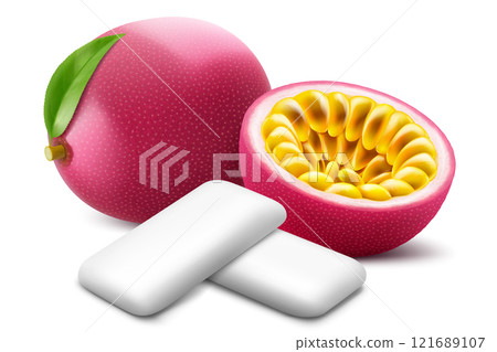 Bubble gum with an passion fruit flavor. Pads of bubble gum spearmint for fresh breathing. Chewing gums for healthy teeth and dental hygiene. Refreshing candy. Realistic 3D vector illustration 121689107